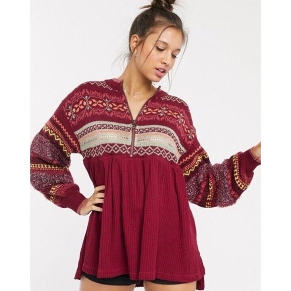 Free People Sweater XS Cabin Fever Oversized Pullover Pomegranate Boho Thermal - Picture 1 of 16
